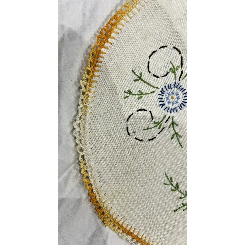 Vintage Embroidered Linen Cross Stitch Blue Flowers Laced Edge Cottagecore‎
